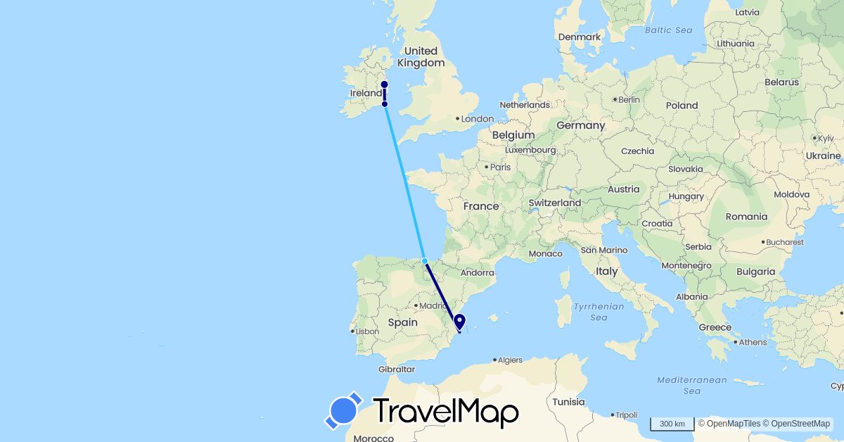 TravelMap itinerary: driving, boat in Spain, Ireland (Europe)
